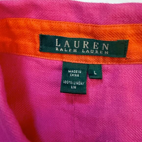 Lauren Ralph Lauren Hot Pink Linen Shirt w/ Embroidered Crest – Size L - Picture 3 of 5